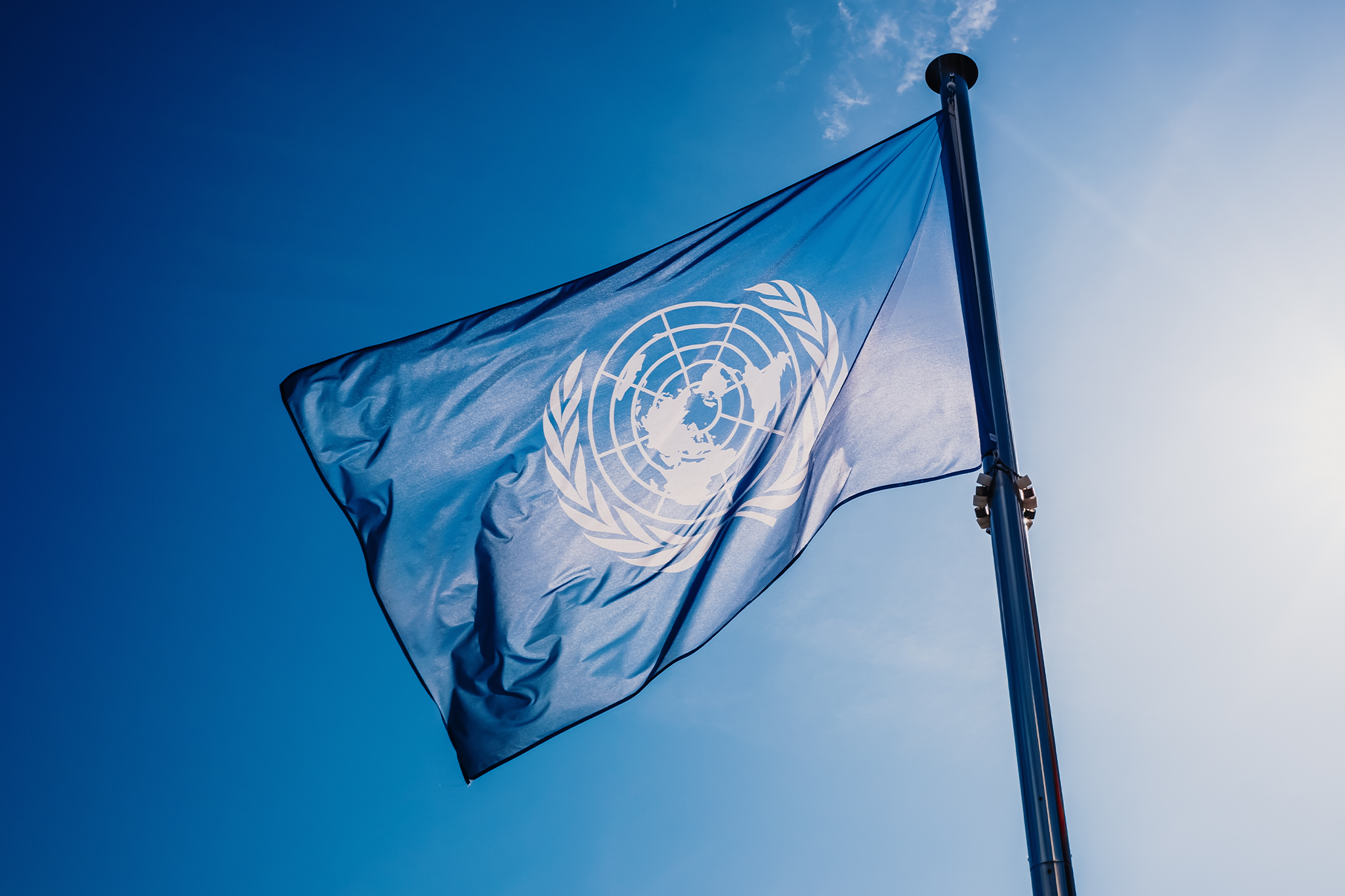 United Nations flag blowing in the wind